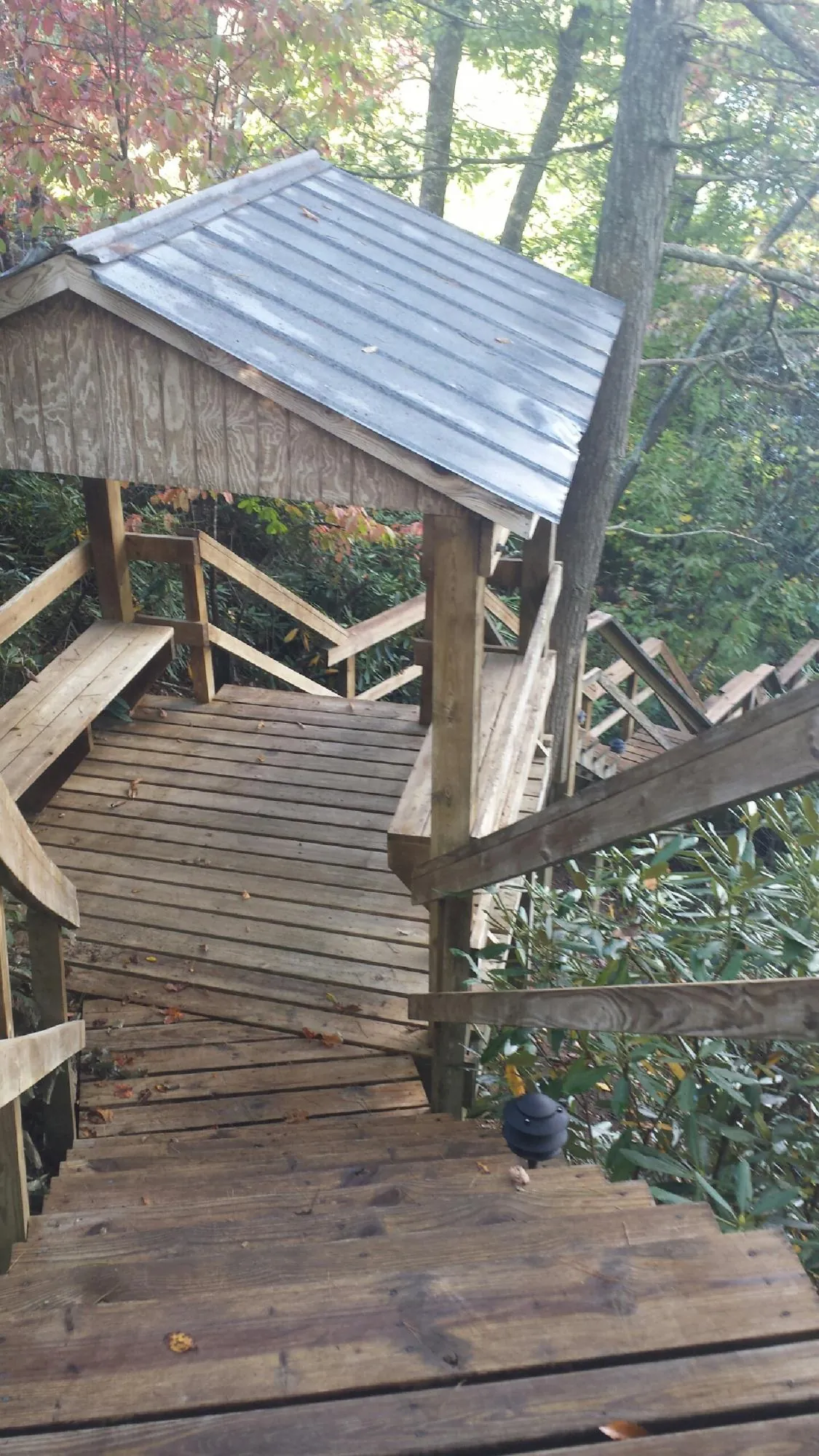 Metal roofed shelter over wooden steps on a wooded walkway — Skylight Repair & Installation work by our crew in Marlinton